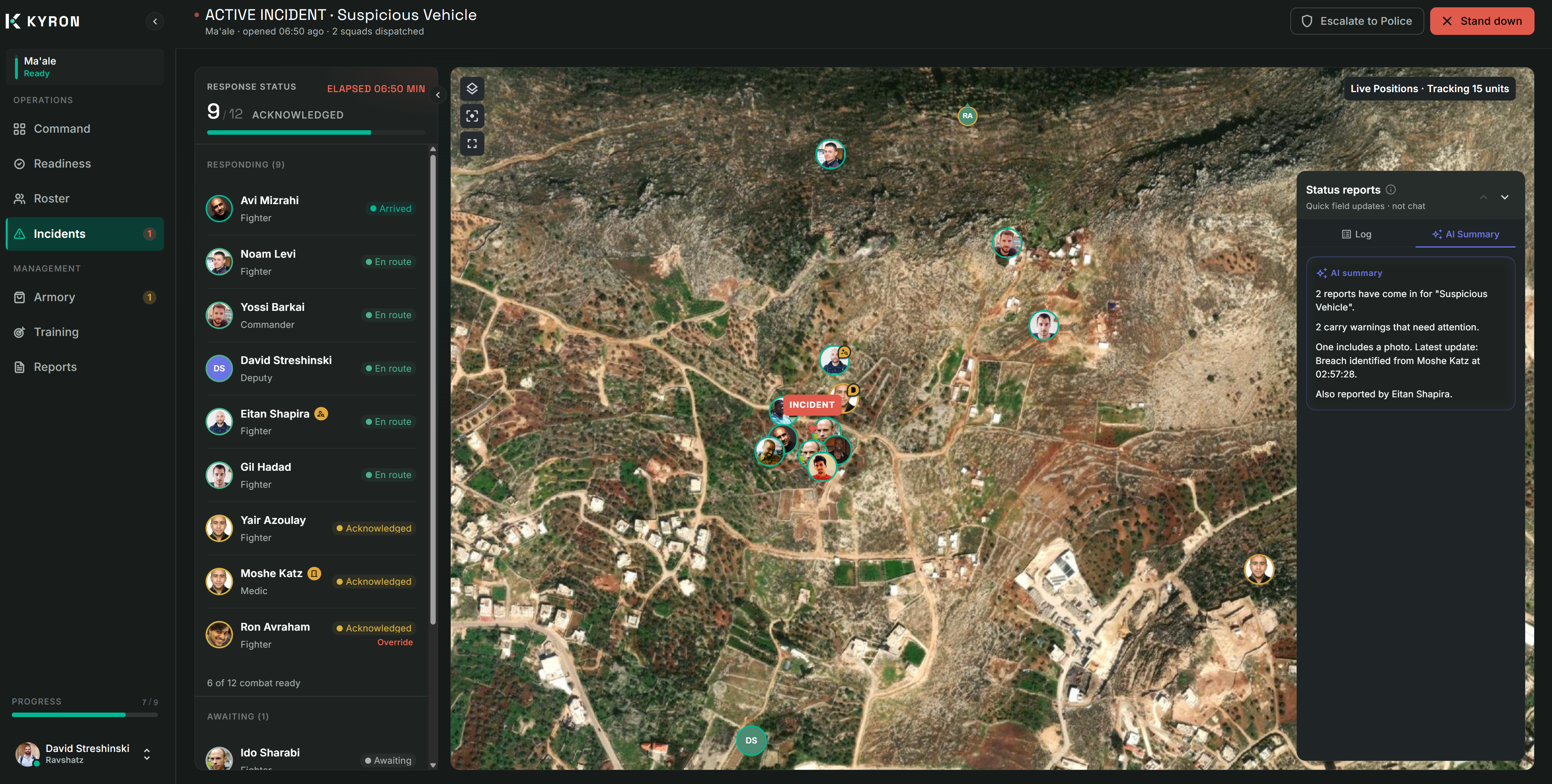 KYRON active incident: responding fighters on the live map, with the AI Summary in the status reports panel