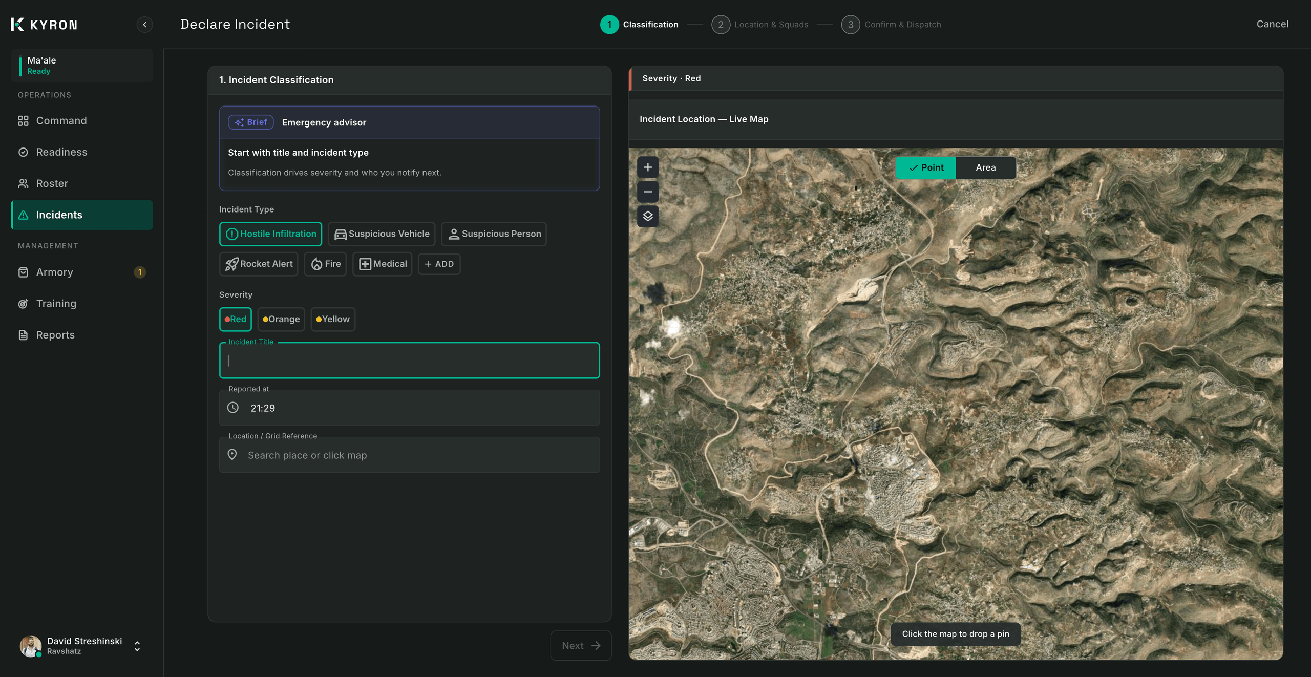 Declare incident, step 1: the purple Emergency advisor panel sits above the teal incident type and severity fields, beside the live map