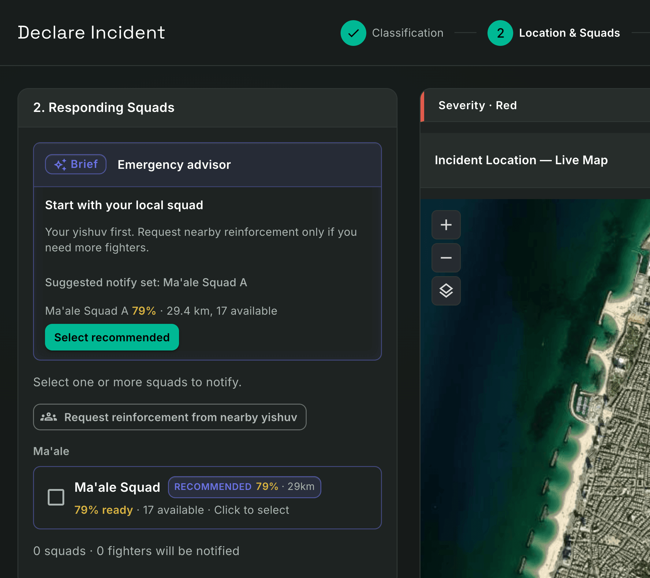 Declare incident, step 2, Location & Squads: the Emergency advisor suggests Ma'ale Squad A with a Select recommended button, directly above the squad list, where Ma'ale Squad carries a Recommended 79% · 29 km badge
