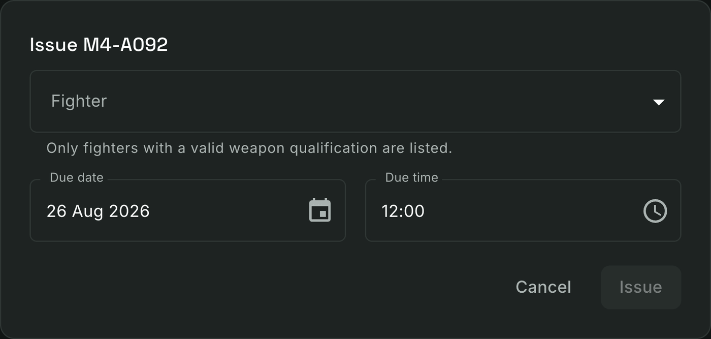 Issue dialog for M4-A092: only fighters with a valid weapon qualification are listed, with a due-back date and time