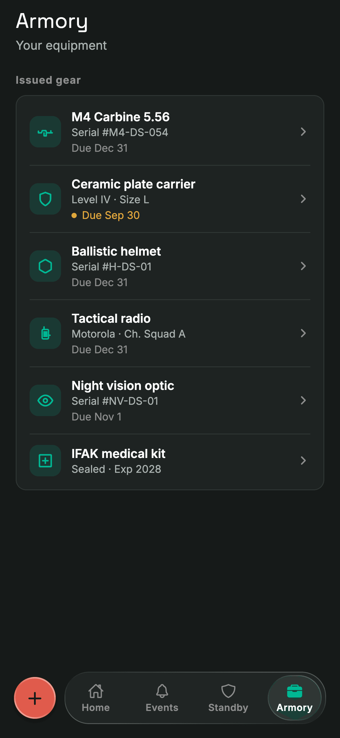 Fighter app Armory: the fighter's issued gear, each item with its serial and due-back date
