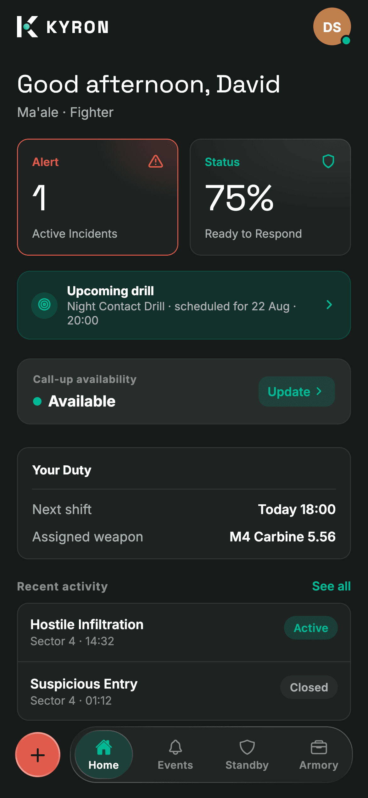 Fighter app Home: one active incident, readiness at 75%, the next drill and the assigned weapon