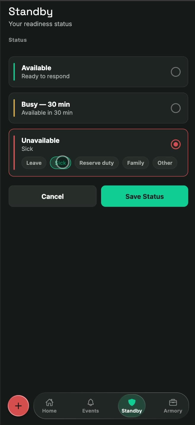 Fighter app: setting status to Unavailable, with Sick as the reason